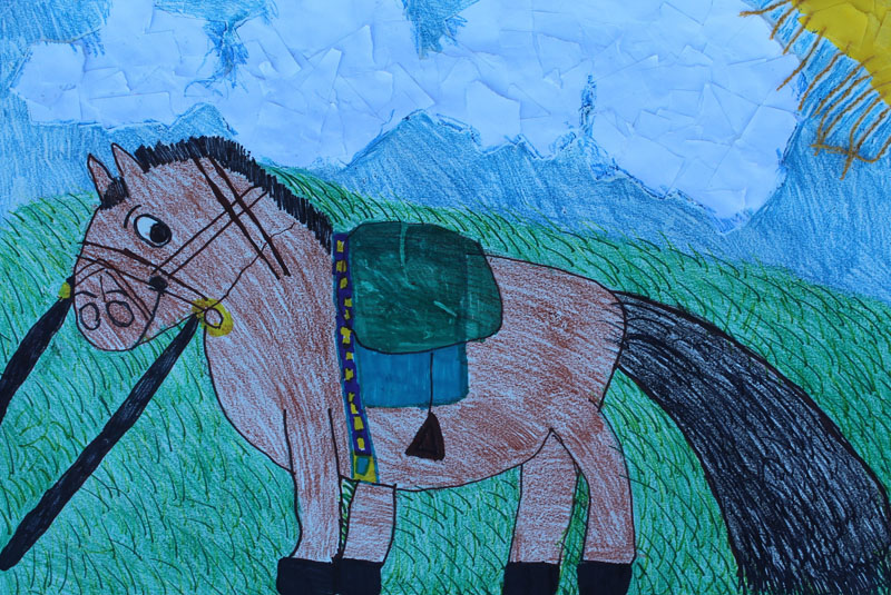 Brown Stallion Traveling Through the Field Of Grass